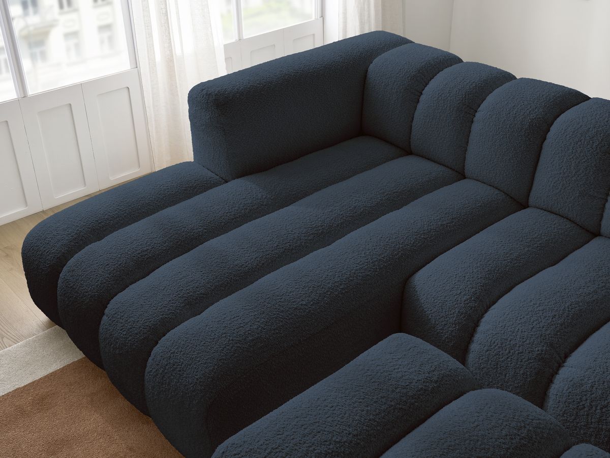 Canapé d'angle fixe TALIA tissu bouclette avec pouf - Angle gauche