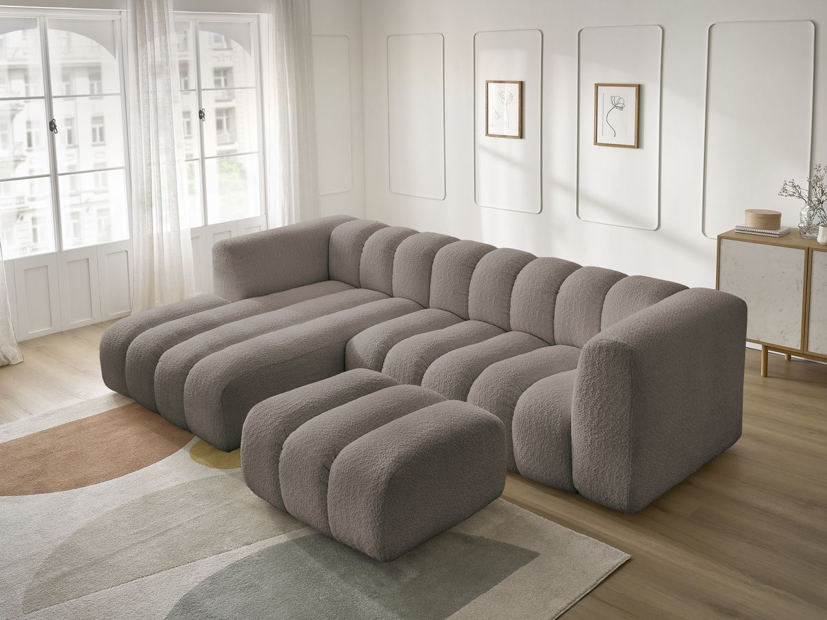 Canapé d'angle fixe TALIA tissu bouclette avec pouf - Angle gauche