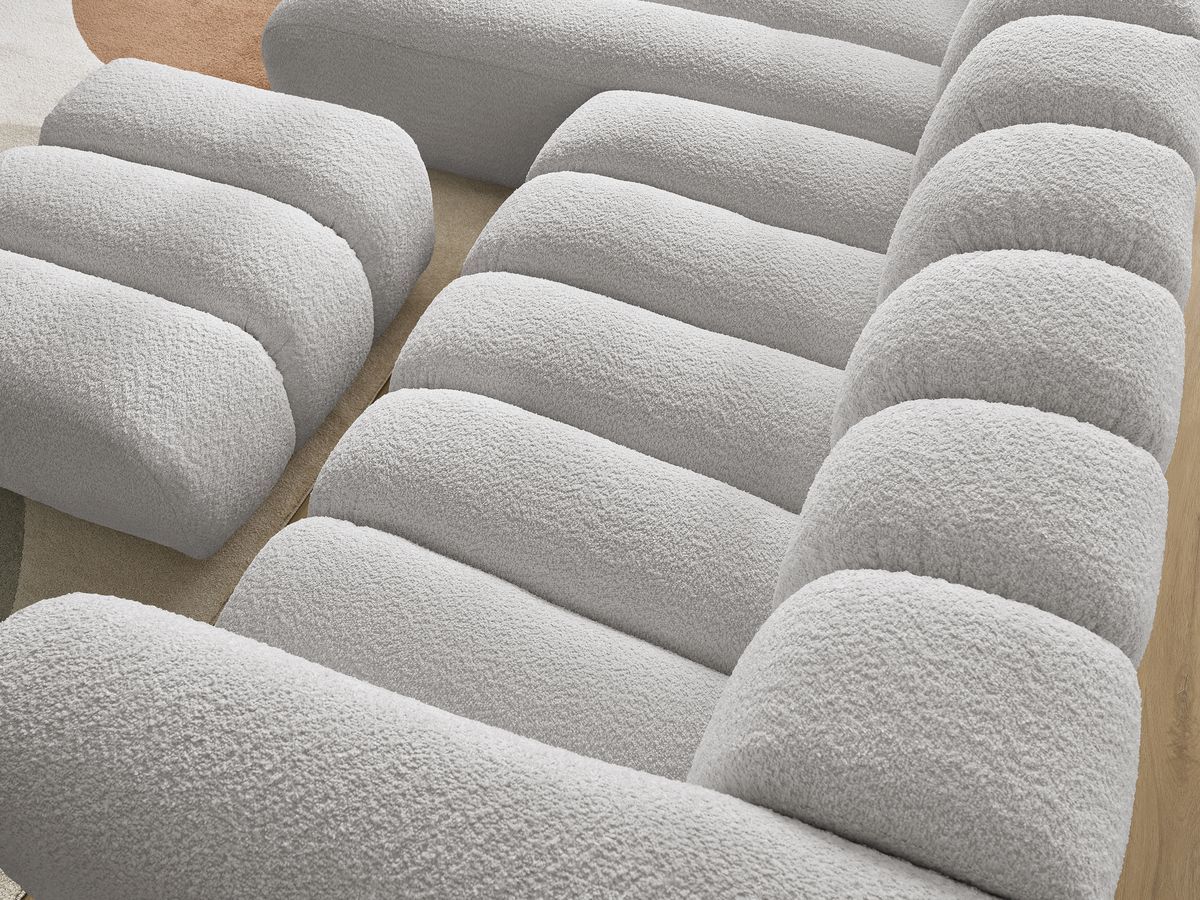 Canapé d'angle fixe TALIA tissu bouclette avec pouf - Angle gauche