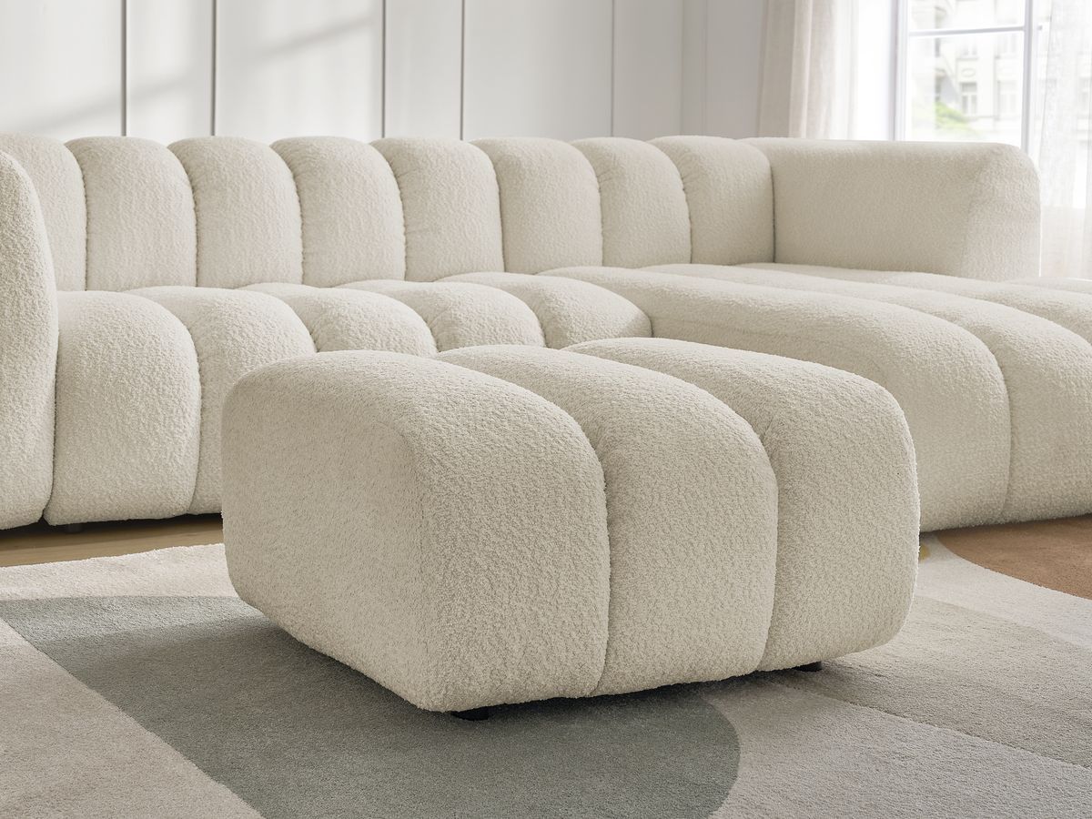 Canapé d'angle fixe TALIA tissu bouclette avec pouf - Angle droit