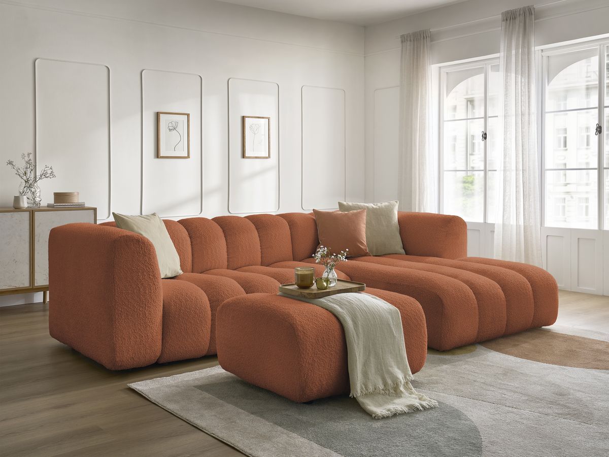 Canapé d'angle fixe TALIA tissu bouclette avec pouf - Angle droit