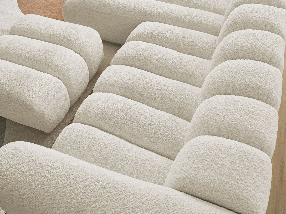 Canapé d'angle fixe TALIA tissu bouclette avec pouf - Angle gauche