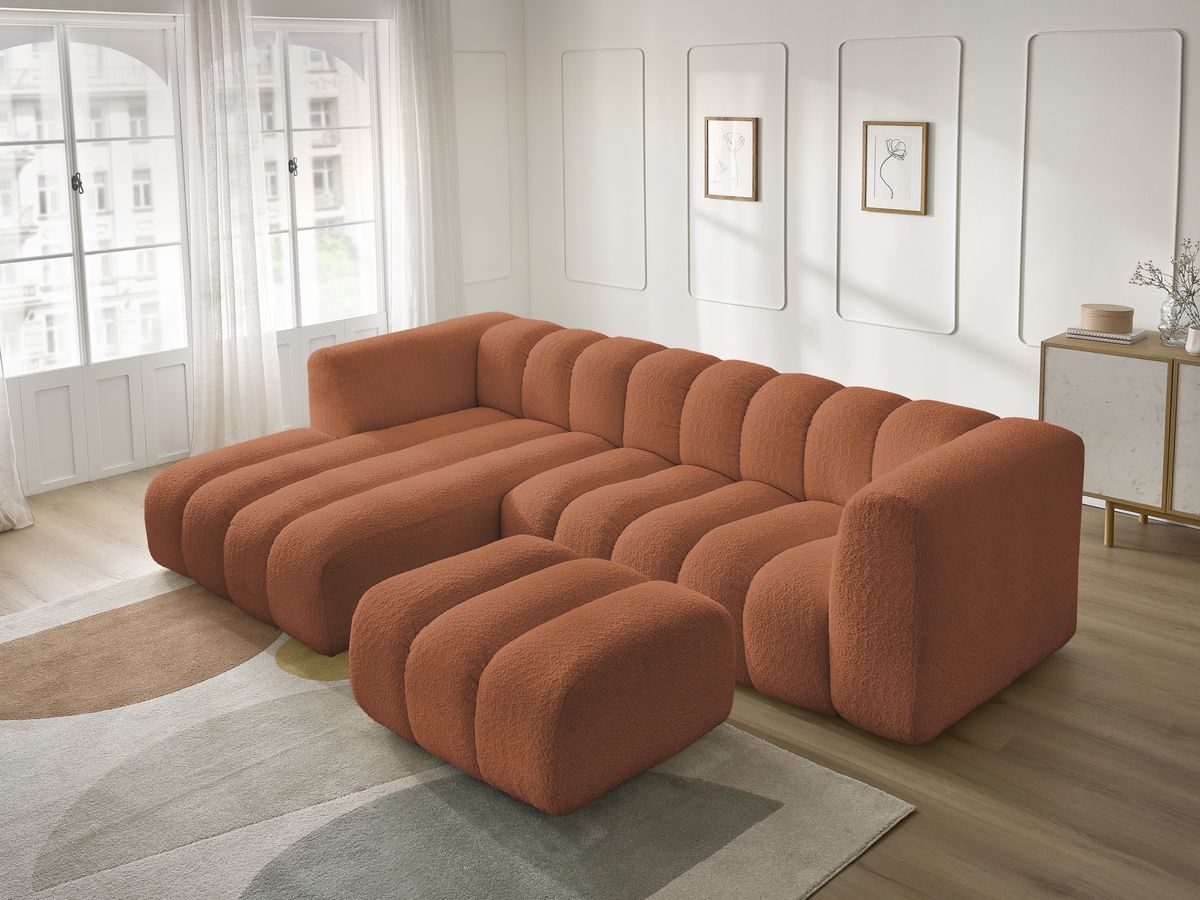 Canapé d'angle fixe TALIA tissu bouclette avec pouf - Angle gauche
