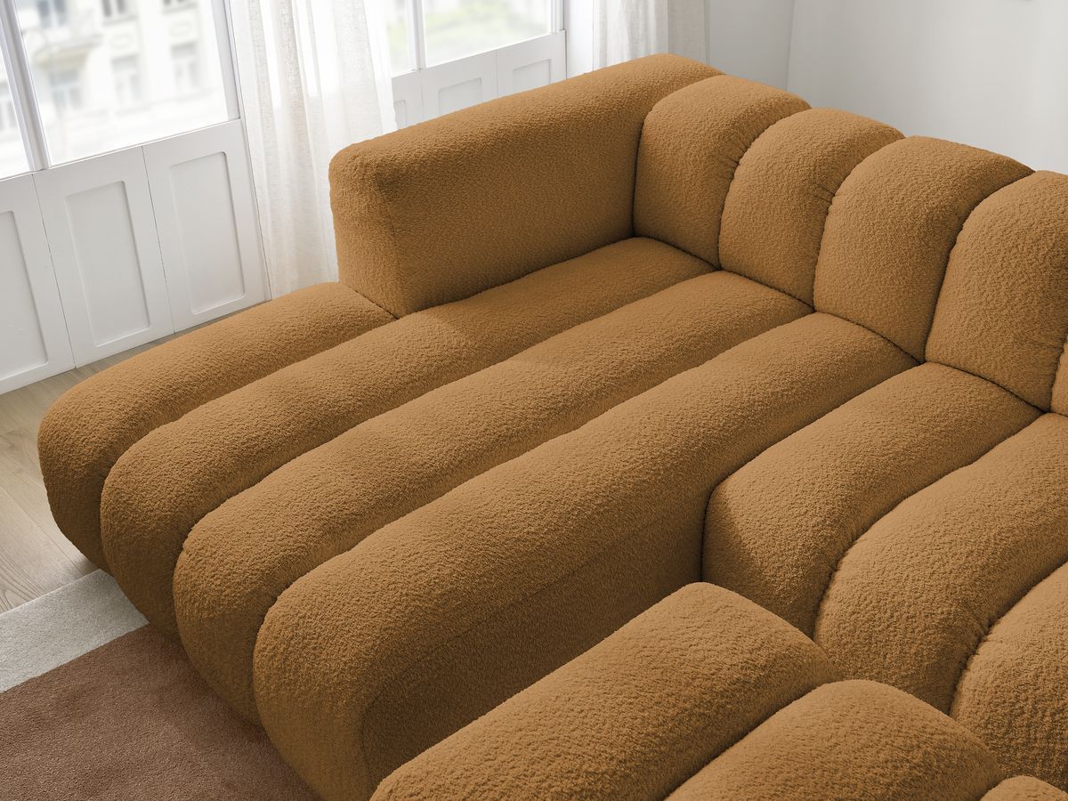 Canapé d'angle fixe TALIA tissu bouclette avec pouf - Angle gauche