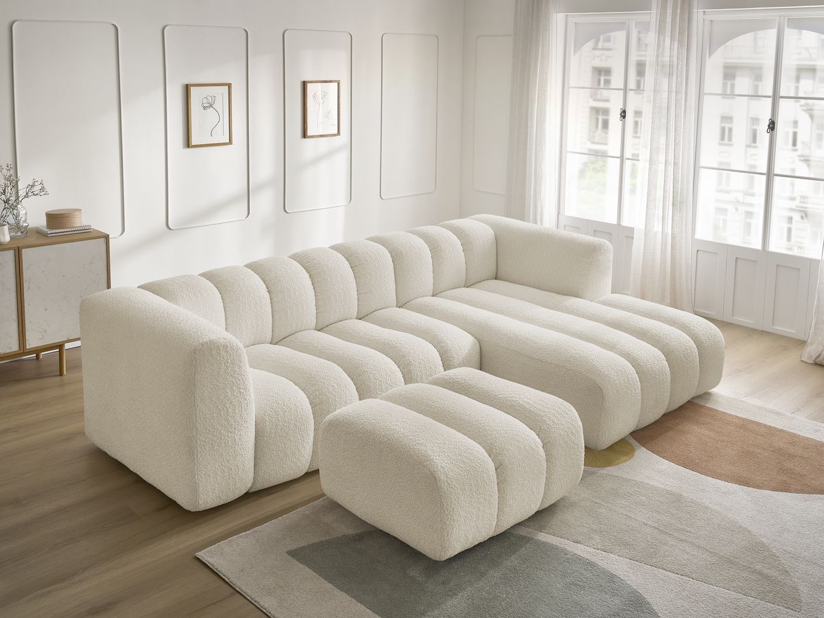 Canapé d'angle fixe TALIA tissu bouclette avec pouf - Angle droit