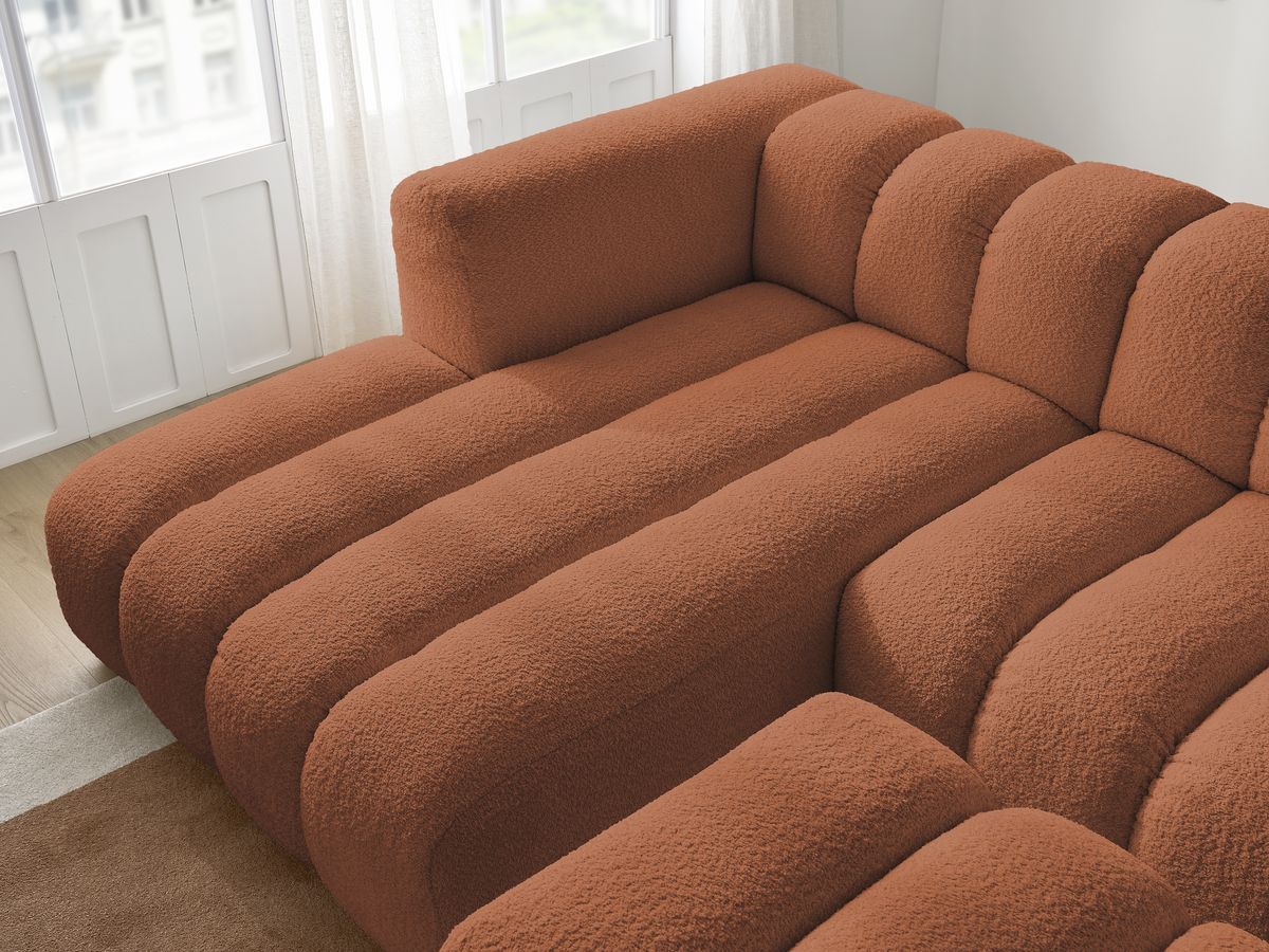 Canapé d'angle fixe TALIA tissu bouclette avec pouf - Angle gauche