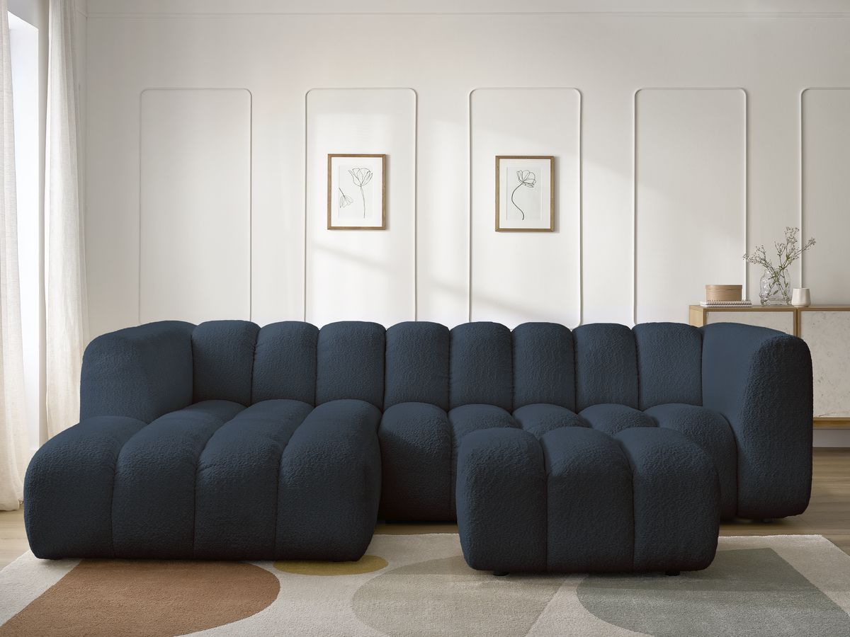 Canapé d'angle fixe TALIA tissu bouclette avec pouf - Angle gauche