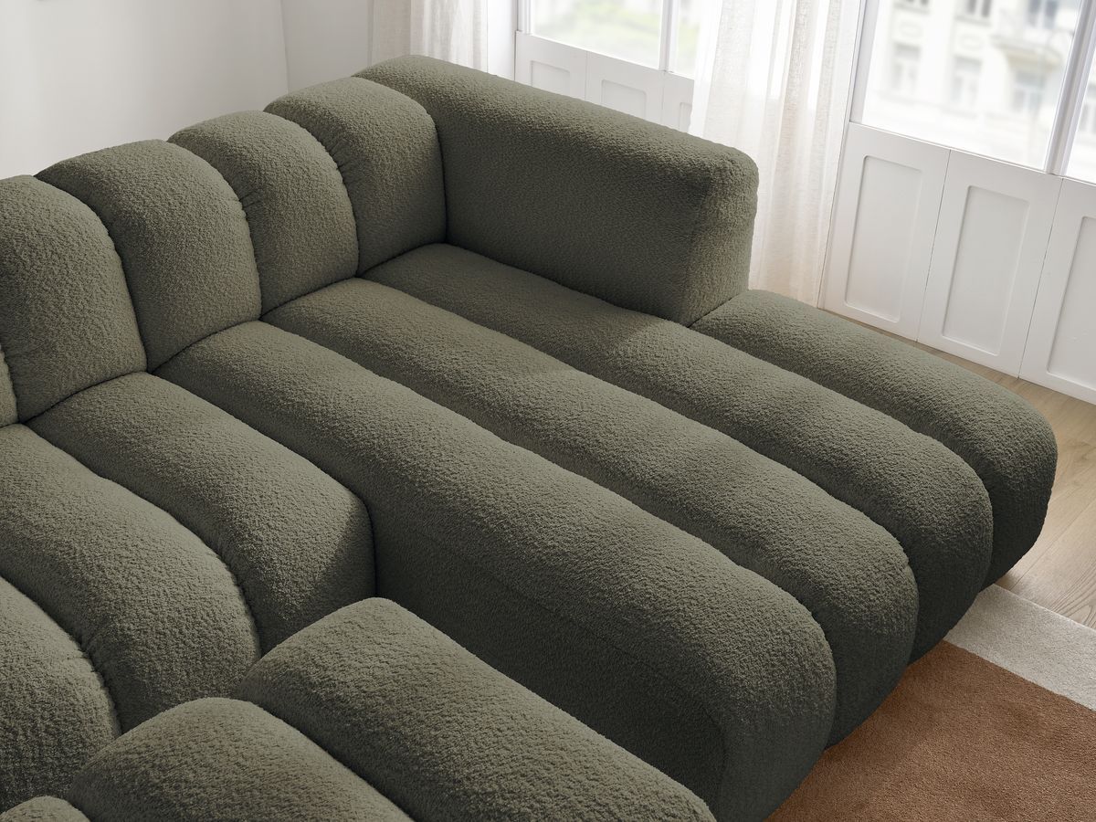 Canapé d'angle fixe TALIA tissu bouclette avec pouf - Angle droit