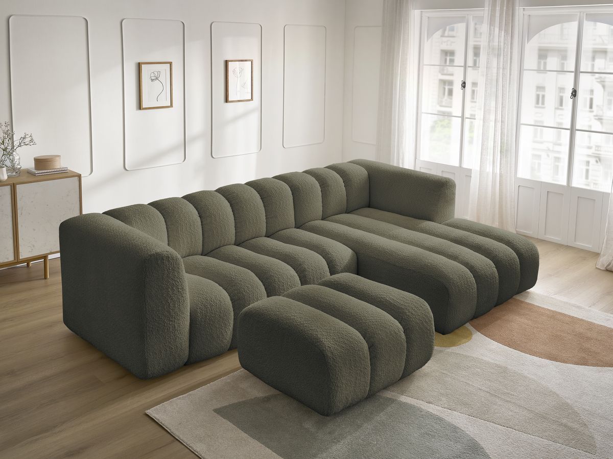 Canapé d'angle fixe TALIA tissu bouclette avec pouf - Angle droit