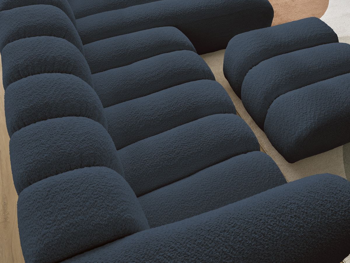 Canapé d'angle fixe TALIA tissu bouclette avec pouf - Angle droit