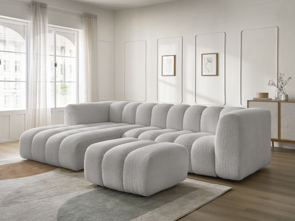 Canapé d'angle fixe TALIA tissu bouclette avec pouf - Angle gauche