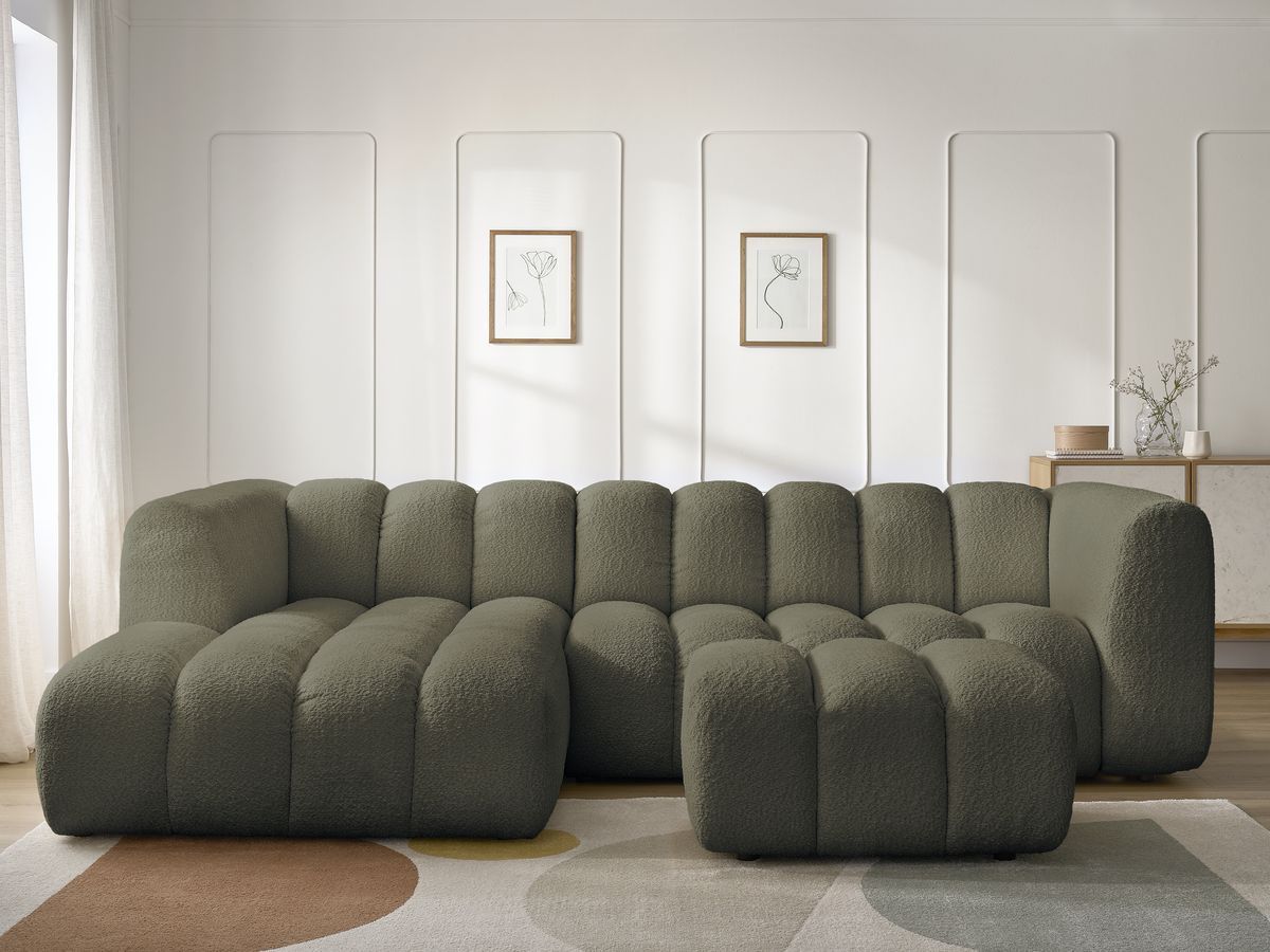 Canapé d'angle fixe TALIA tissu bouclette avec pouf - Angle gauche