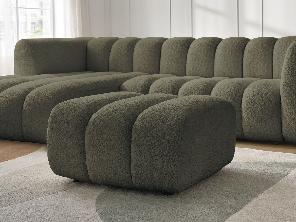Canapé d'angle fixe TALIA tissu bouclette avec pouf - Angle gauche