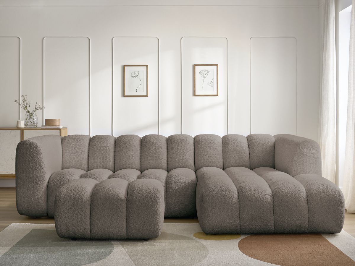 Canapé d'angle fixe TALIA tissu bouclette avec pouf - Angle droit