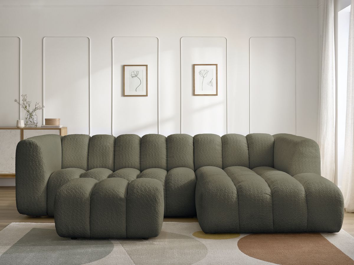 Canapé d'angle fixe TALIA tissu bouclette avec pouf - Angle droit
