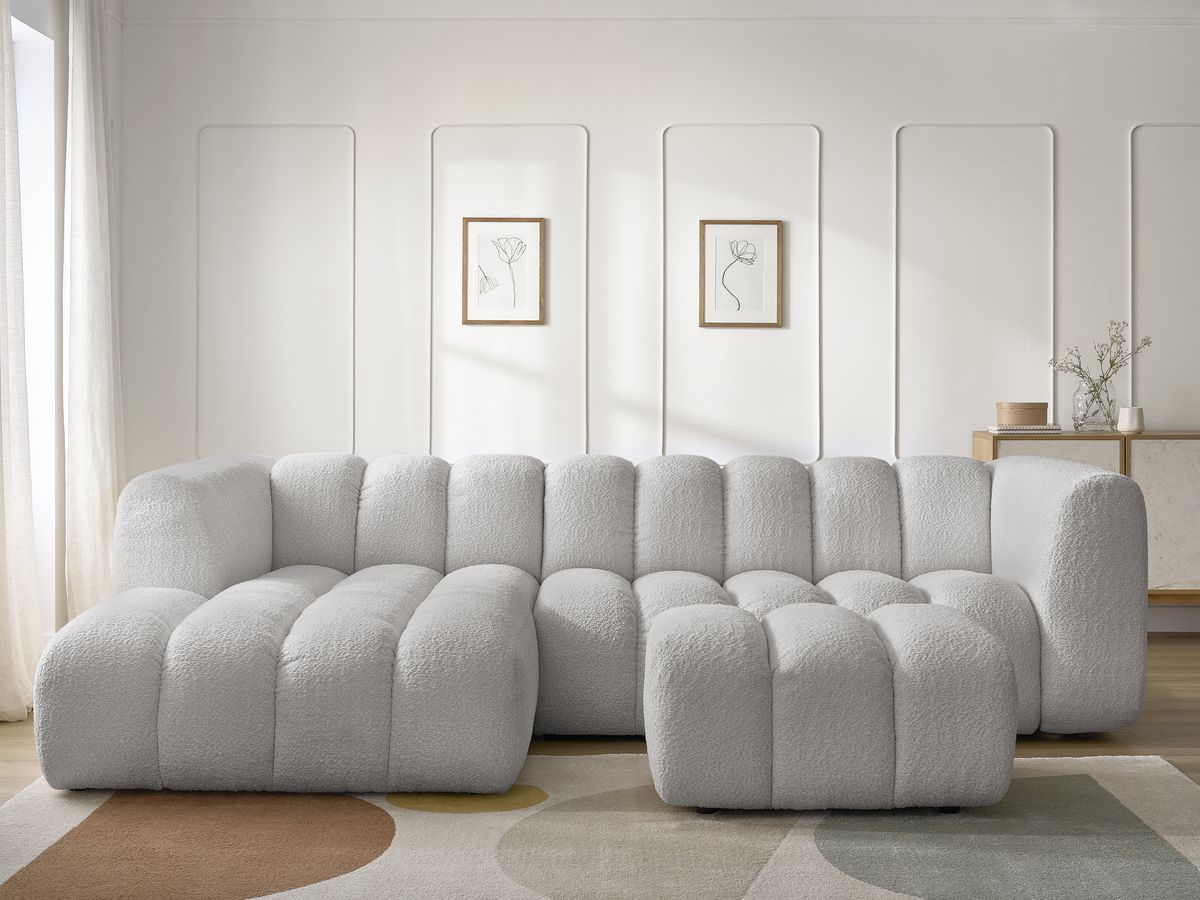 Canapé d'angle fixe TALIA tissu bouclette avec pouf - Angle gauche