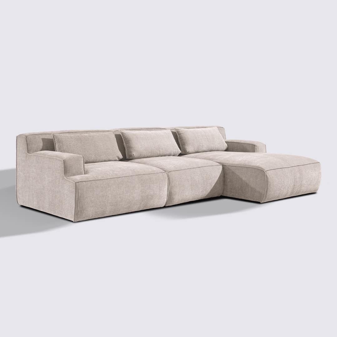 Canapé d'angle droit modulable 4 places en velours côtelé crème – Lorenzo
