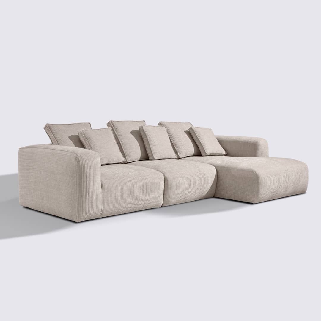 Canapé d'angle droit modulable 4 places en velours côtelé crème – Marbellia