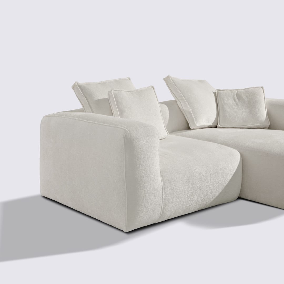 Canapé d'angle droit modulable 3 places en velours texturé blanc crème – Marbellia
