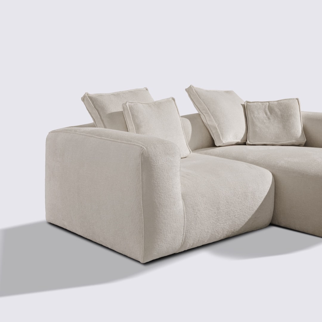 Canapé d'angle droit modulable 3 places en velours texturé crème – Marbellia