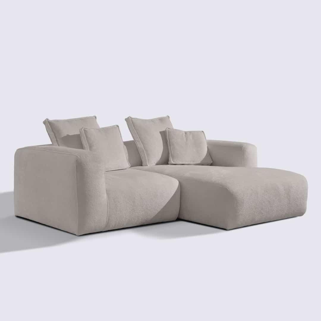 Canapé d'angle droit modulable 3 places en velours texturé taupe – Marbellia