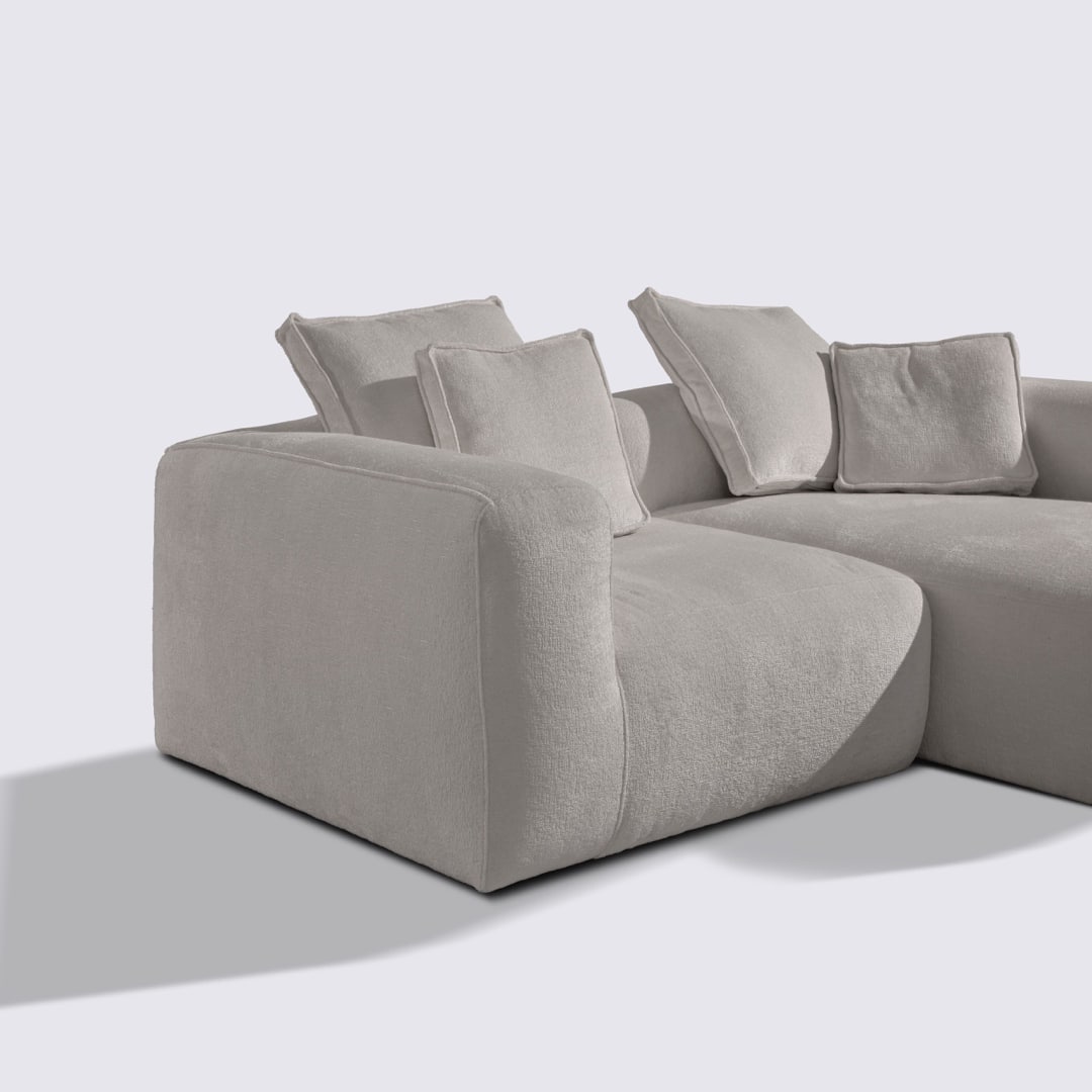 Canapé d'angle droit modulable 3 places en velours texturé taupe – Marbellia