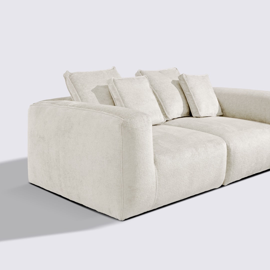 Canapé droit modulable 3 places en velours texturé blanc crème – Marbellia