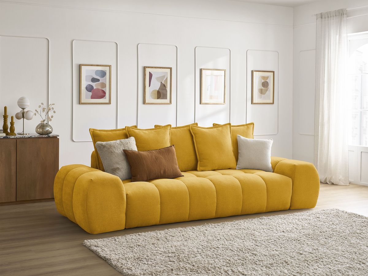 Canapé droit convertible coffre EVEREST tissu texturé - 5 coussins