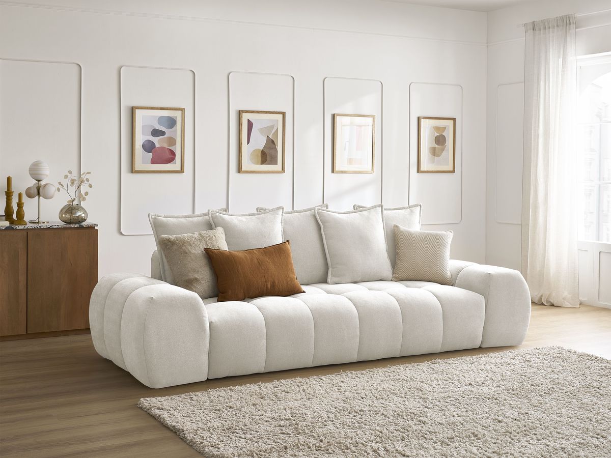 Canapé droit convertible coffre EVEREST tissu texturé - 5 coussins