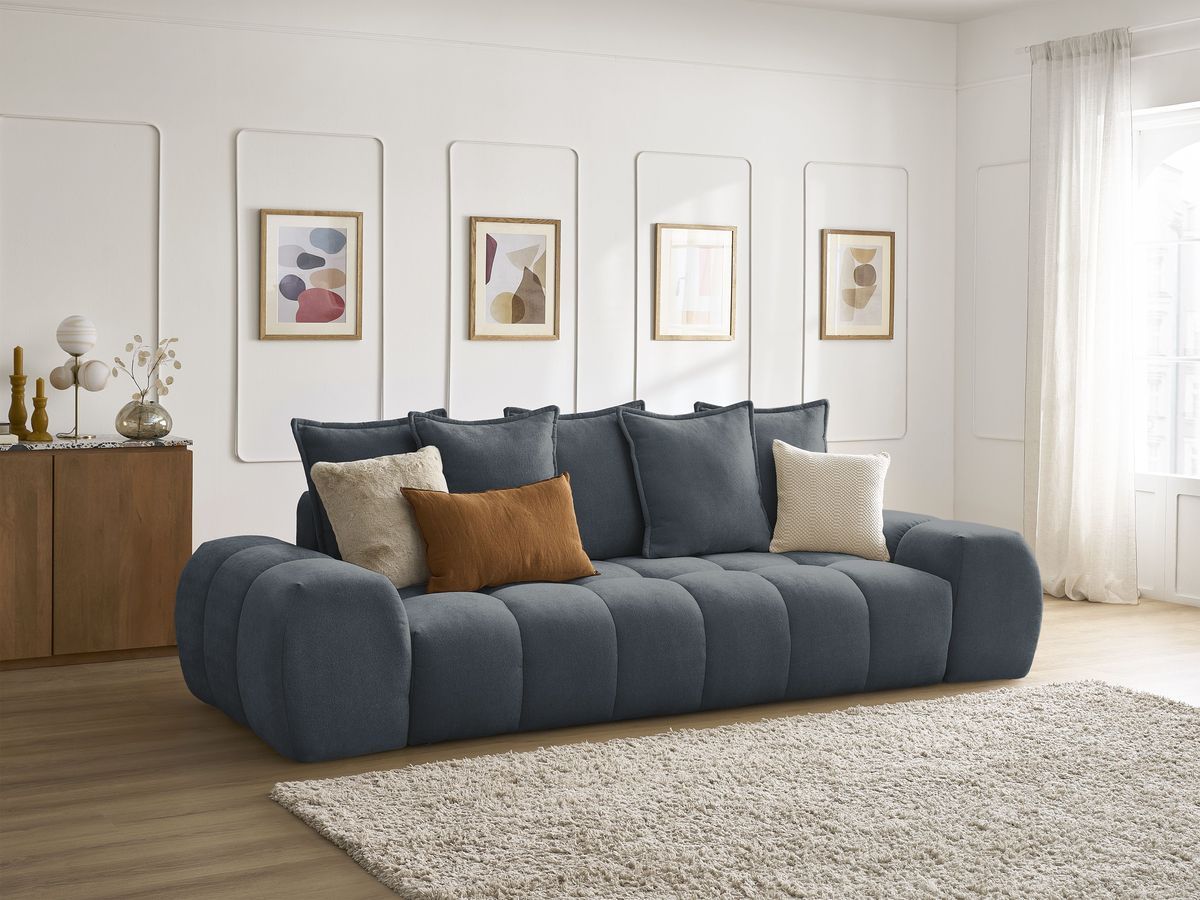 Canapé droit convertible coffre EVEREST tissu texturé - 5 coussins