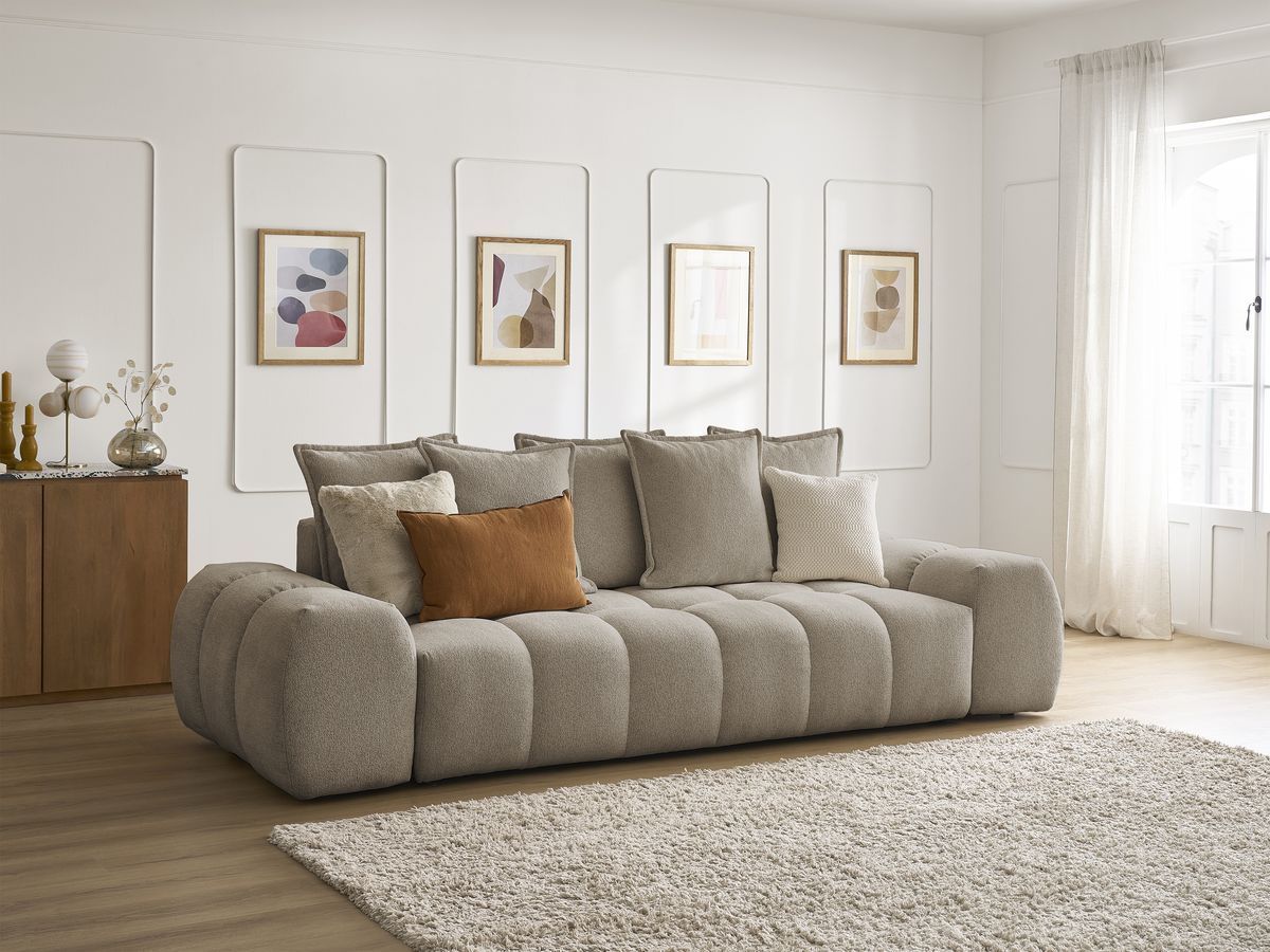 Canapé droit fixe 3 places EVEREST tissu chiné - 5 coussins