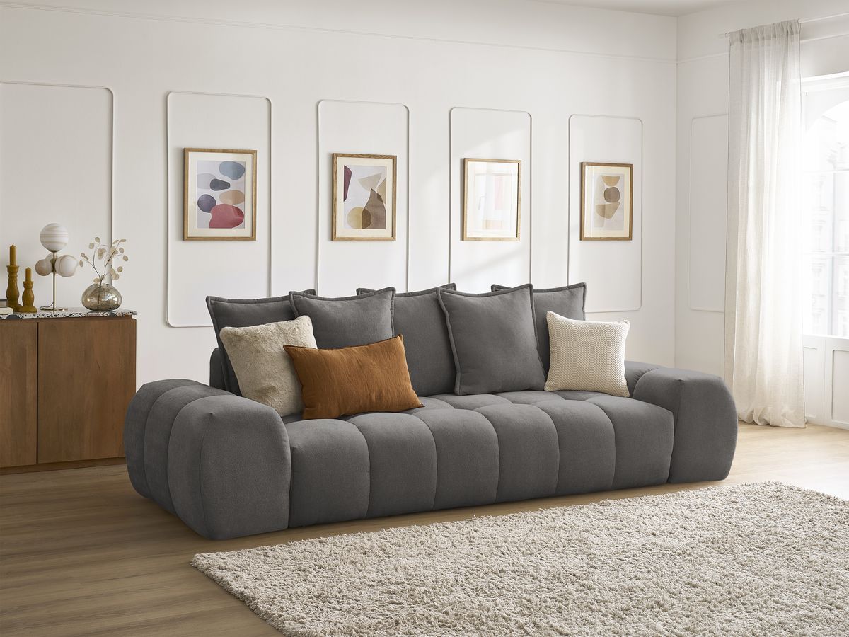 Canapé droit fixe 3 places EVEREST tissu texturé - 5 coussins