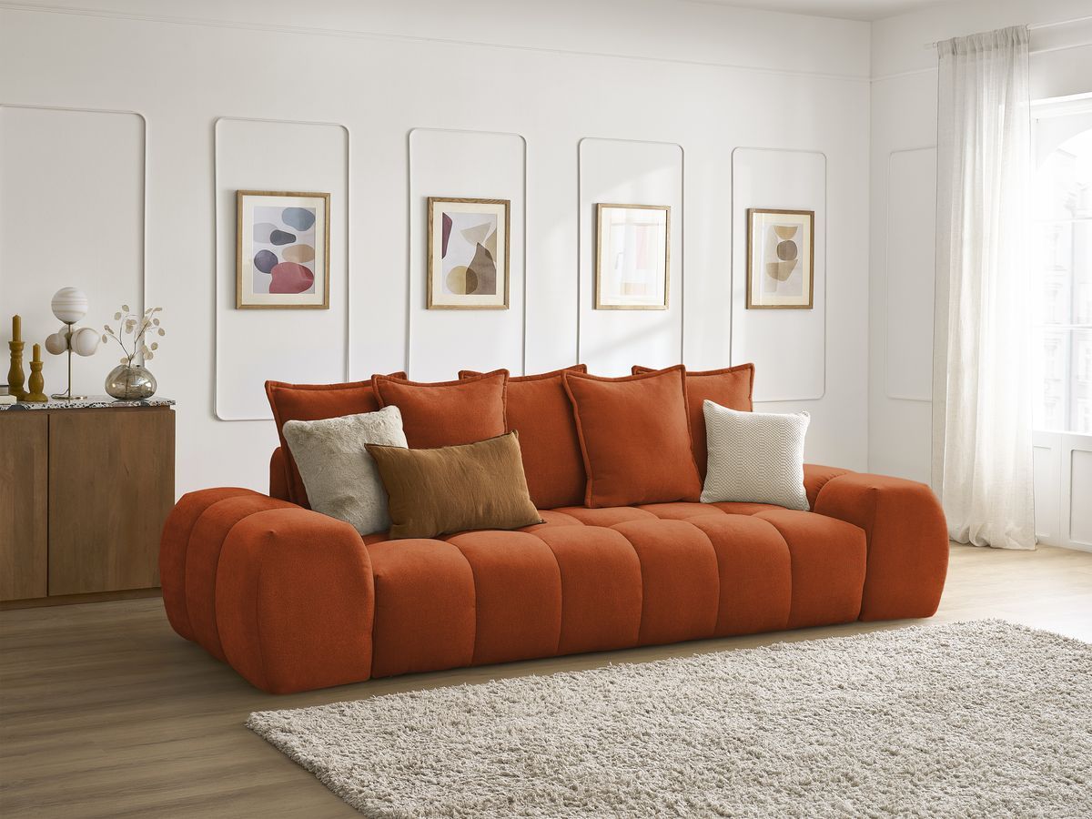 Canapé droit fixe 3 places EVEREST tissu texturé - 5 coussins