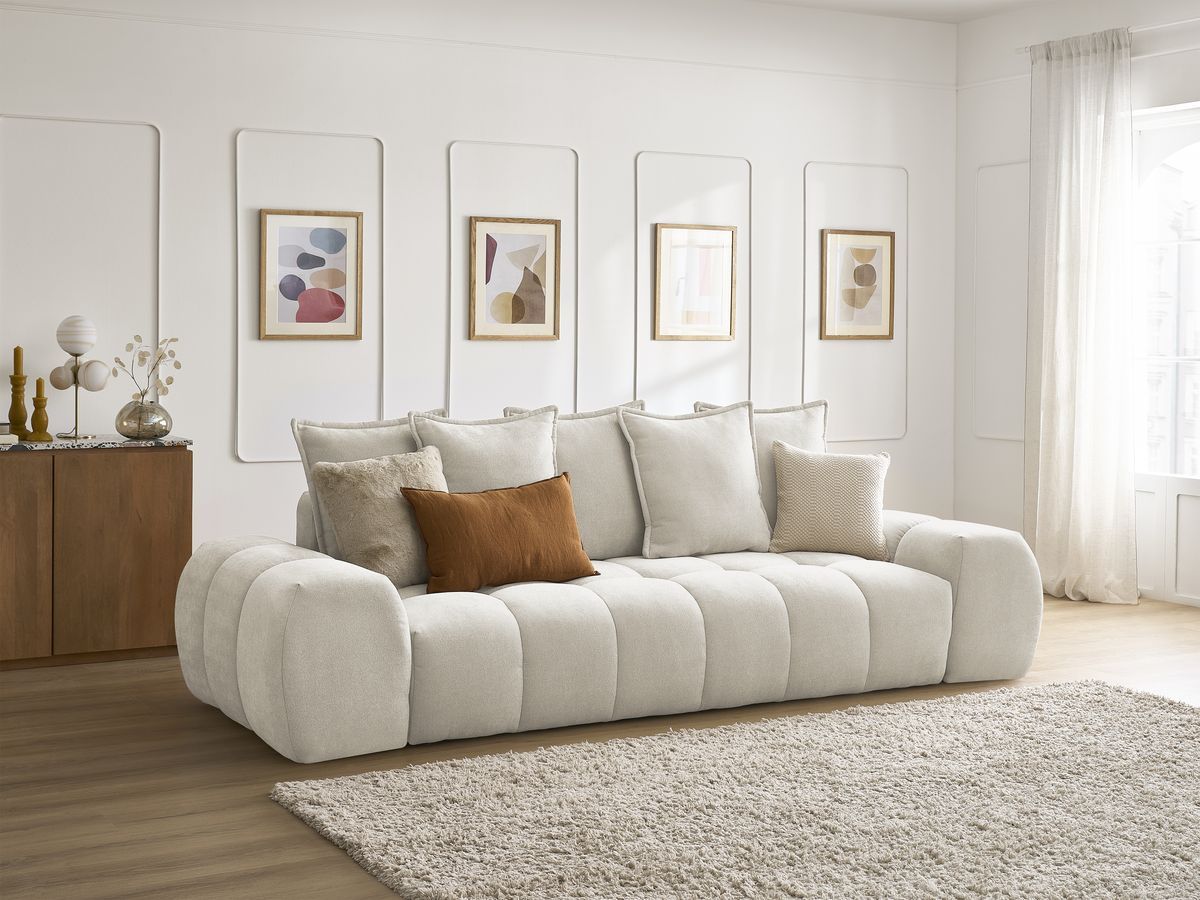 Canapé droit fixe 3 places EVEREST tissu texturé - 5 coussins