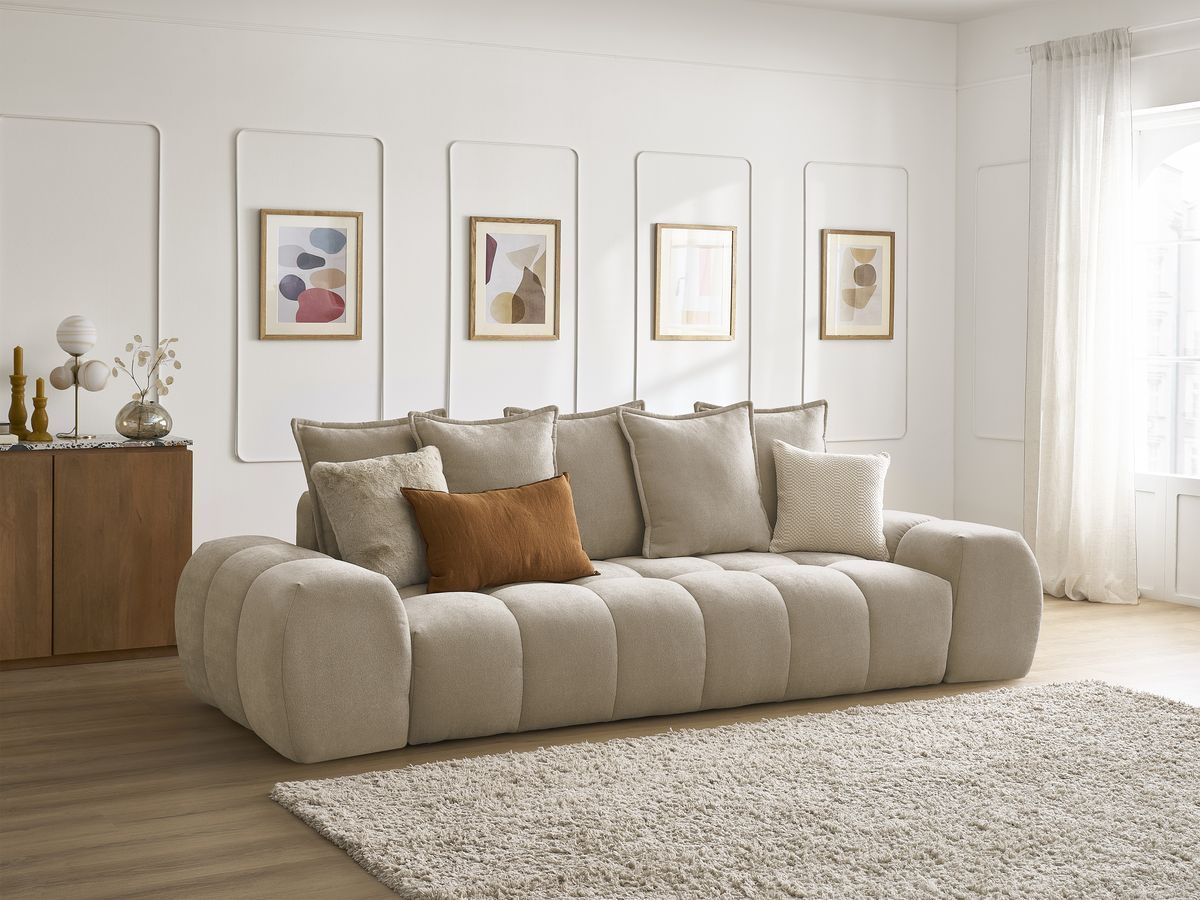 Canapé droit fixe 3 places EVEREST tissu texturé - 5 coussins
