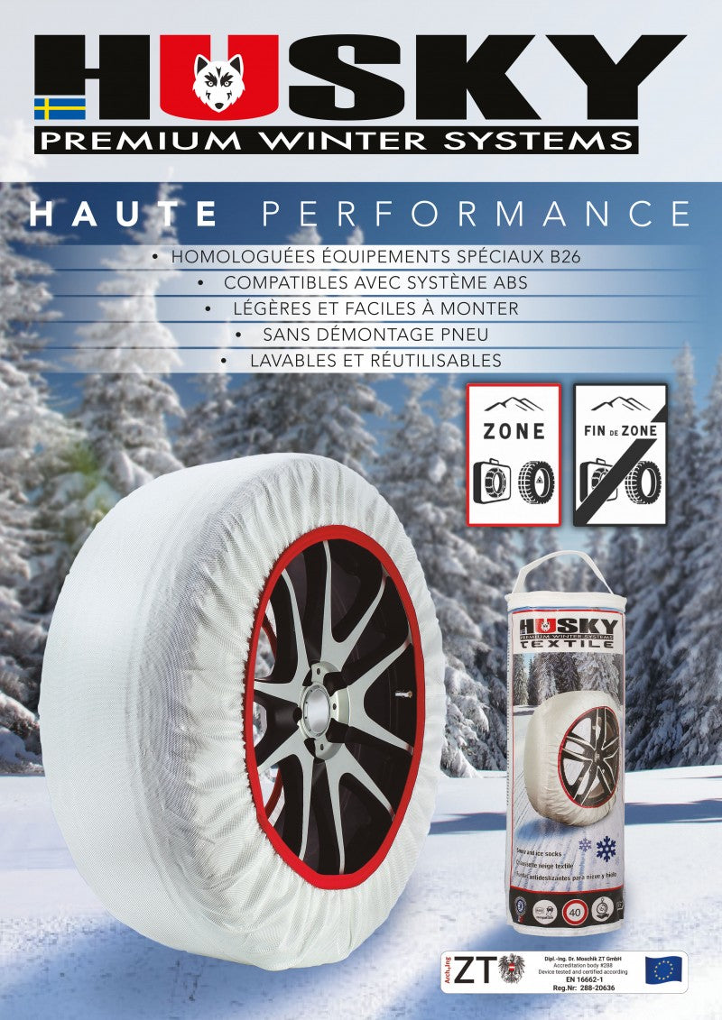 Paire de Chaussettes à Neige HUSKY Pneus Taille XL – Adhérence Neige et Verglas, Compatibles ABS, Lavables à 30º
