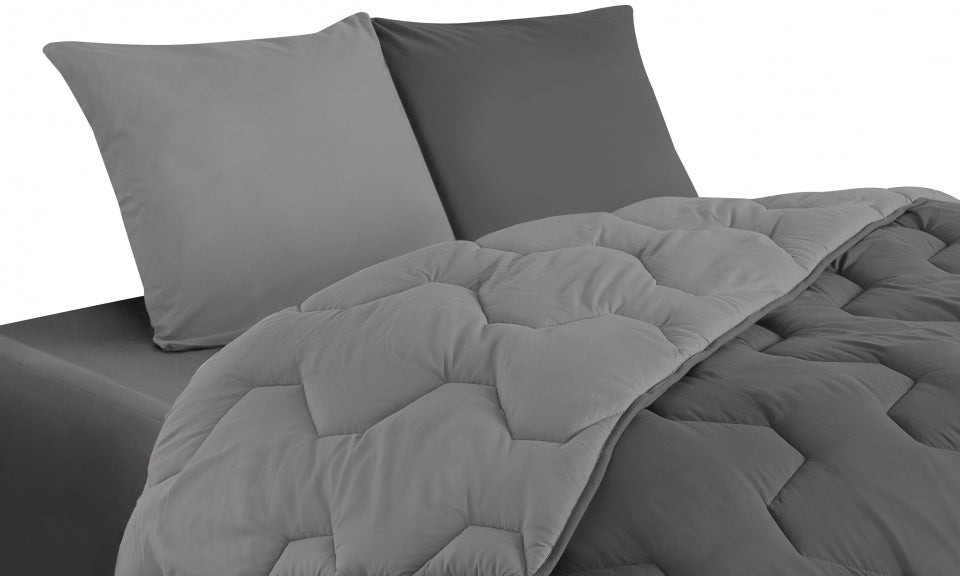 Couette chaude réversible bicolore grise 200x200cm - microfibres 300 g/m2 + 2 oreillers mi-ferme