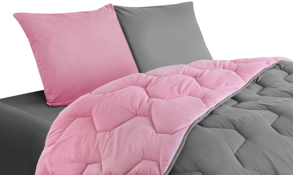 Couette chaude réversible bicolore rose et gris 240x260cm - microfibres 300 g/m2 + 2 oreillers mi-ferme