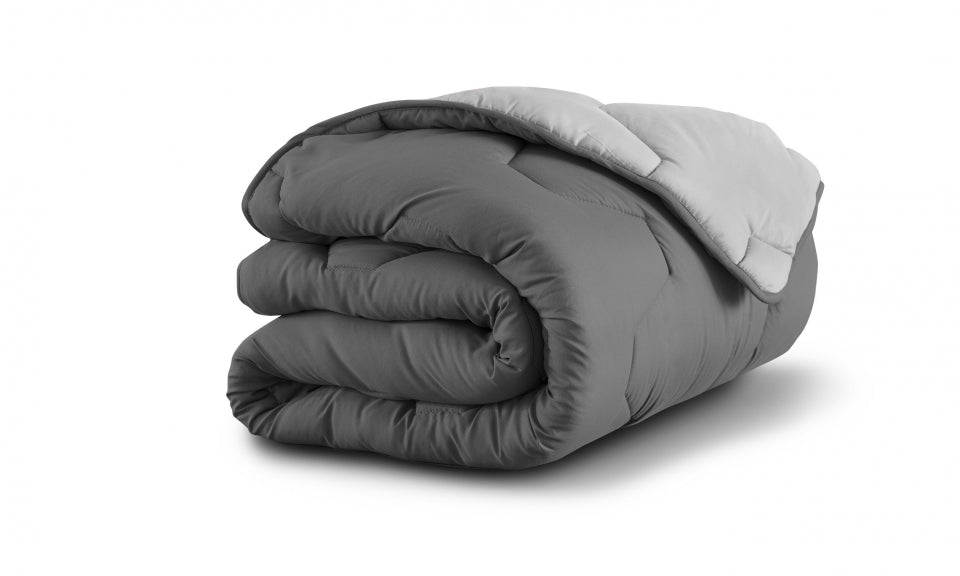 Couette chaude réversible bicolore grise 200x200cm - microfibres 300 g/m2 + 2 oreillers mi-ferme