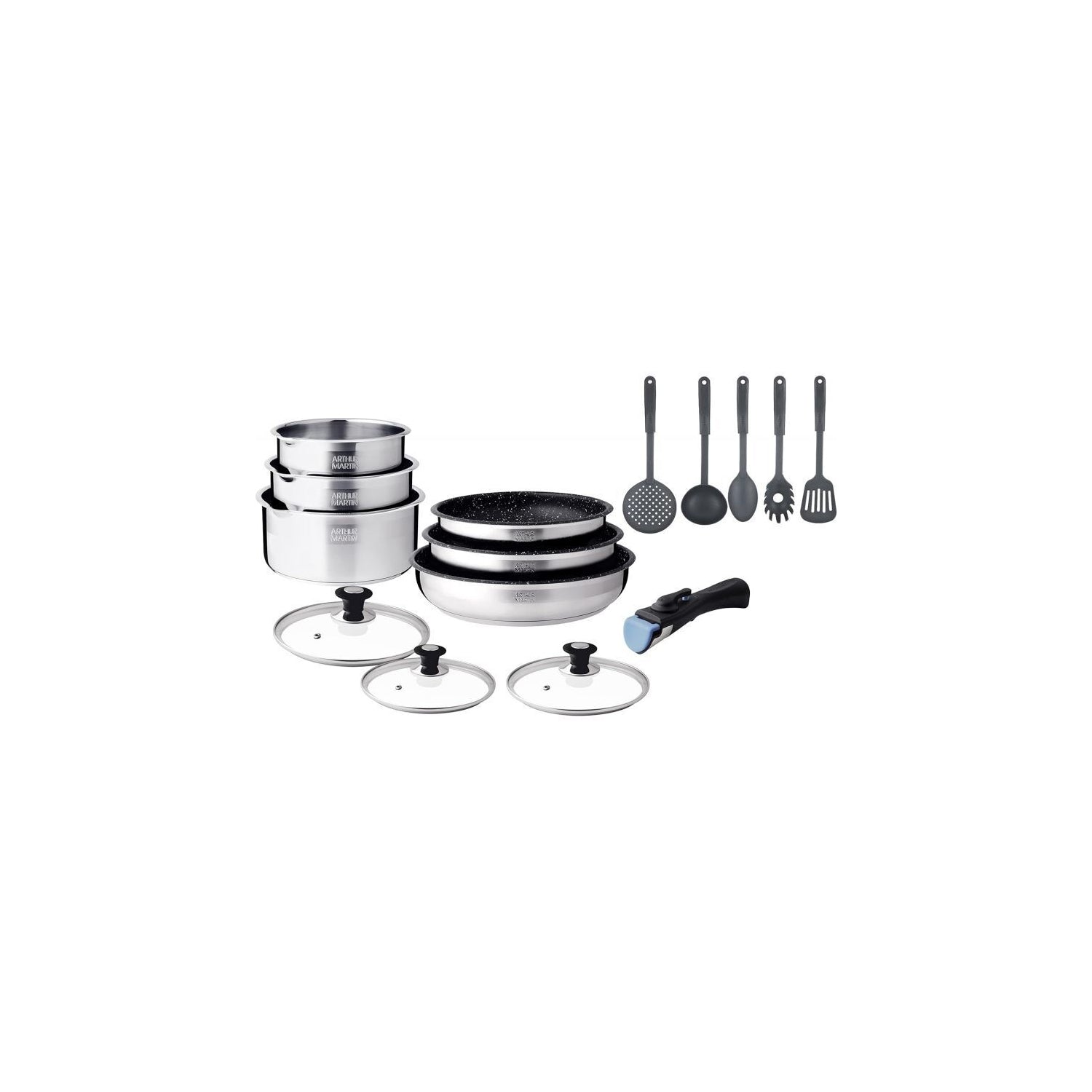 Batterie de cuisine inox avec manche amovible 15 pièces Arthur Martin - Tous feux dont induction