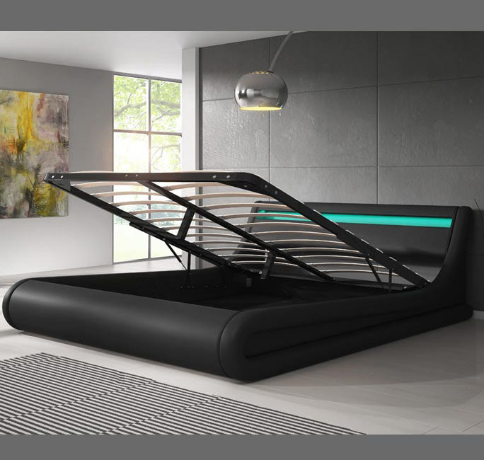 Lit double avec coffre noir & LED multicolores - 160 X 200 cm -  Patricia avec matelas Texas