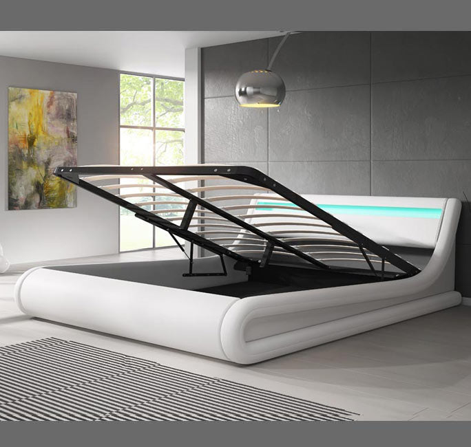 Lit double avec coffre blanc & LED multicolores - 160 X 200 cm -  Patricia