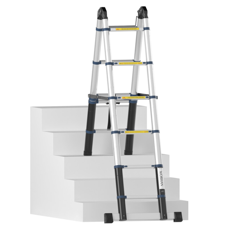 Escabeau télescopique en aluminium - 2 x 8 échelons - 5 m + 1 stabilisateur