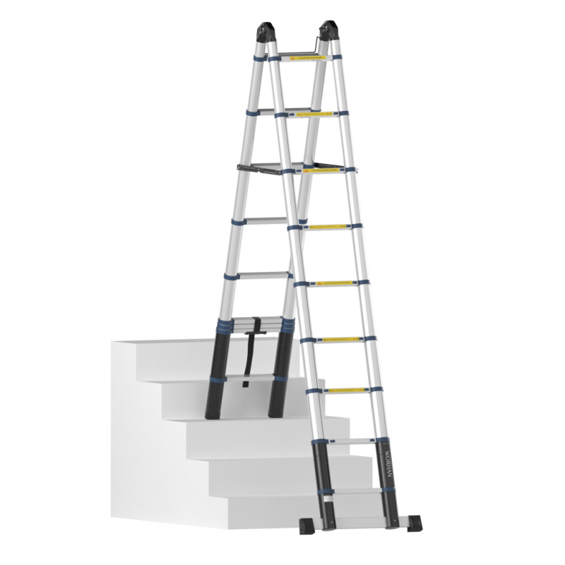 Escabeau télescopique PRO en aluminium - 2 x 9 échelons - 5,6 m + 1 stabilisateur