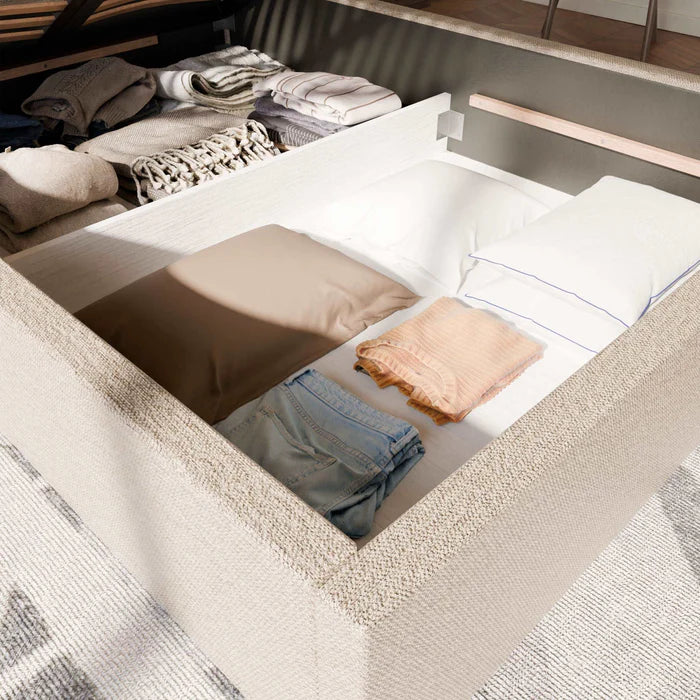 Lit coffre sans Tête - Beige - Tissu Bouclé - Emma