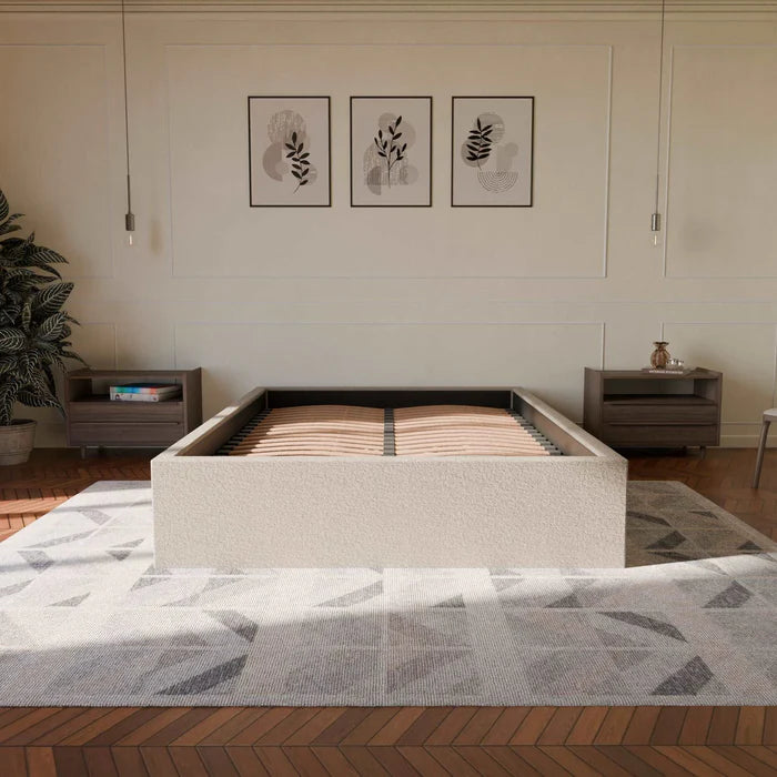 Lit coffre sans Tête - Beige - Tissu Bouclé - Emma