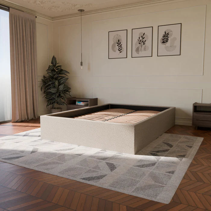 Lit coffre sans Tête - Beige - Tissu Bouclé - Emma