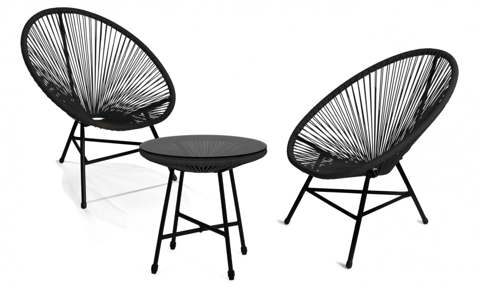 Salon de jardin filaire Ibiza 2 fauteuils et 1 table noir