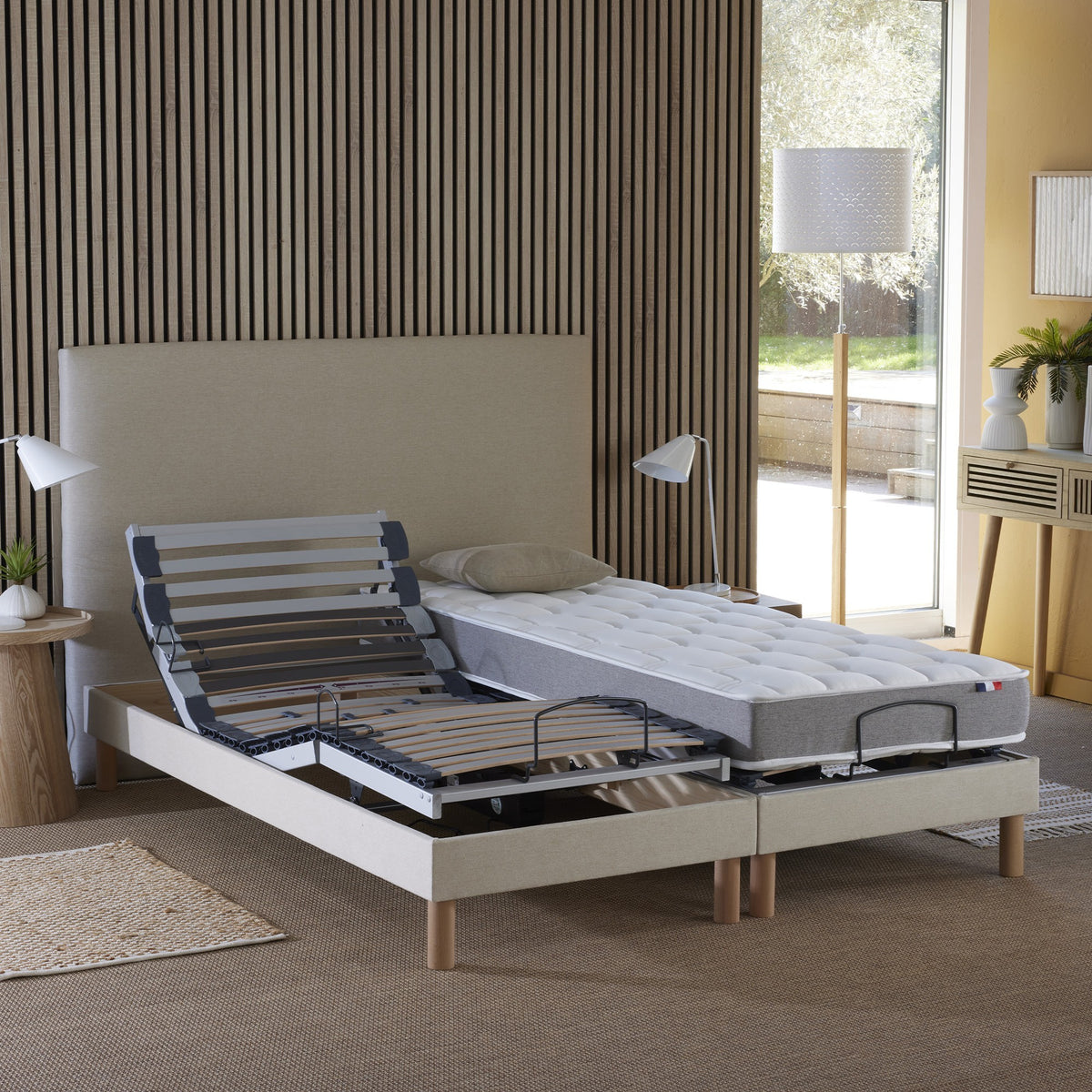 Ensemble lit électrique relaxation multi lattes + Matelas Mousse à mémoire de forme Couleur Beige 2x80 x 200