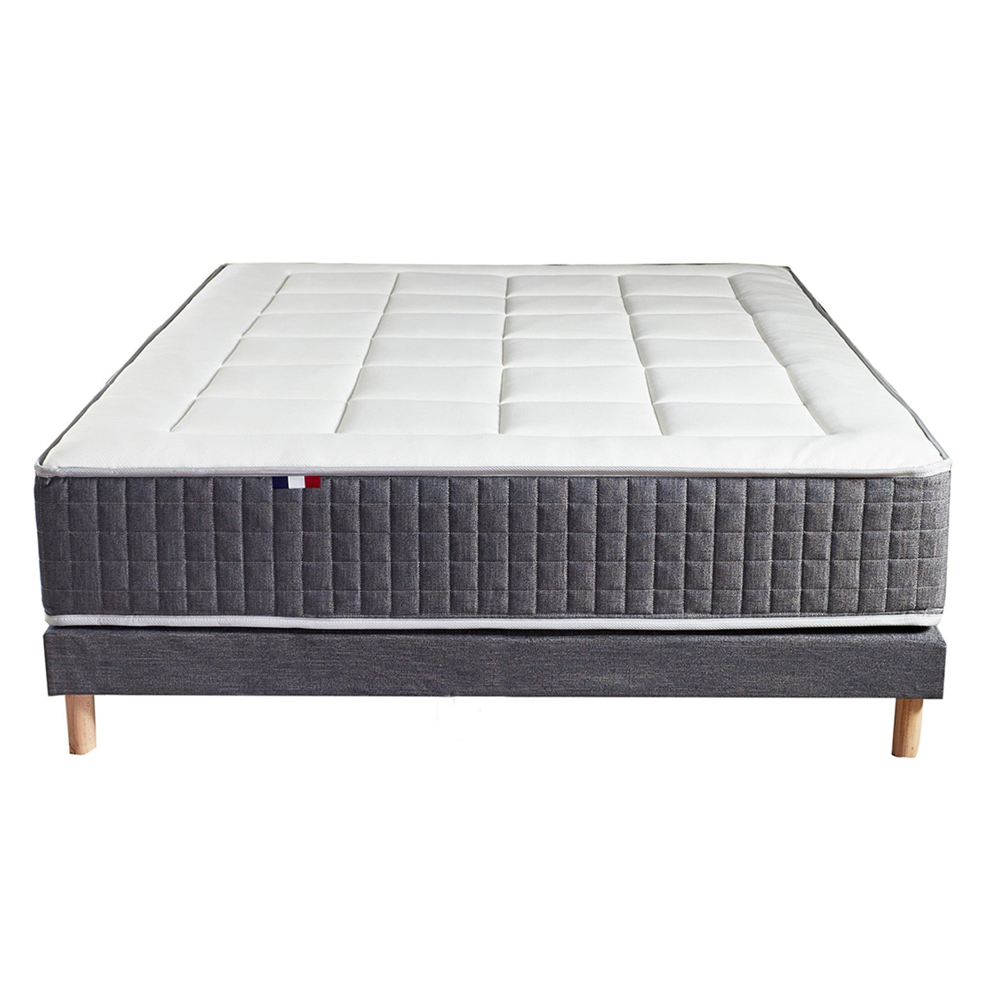Pack matelas 30 cm 7 zones sommier bleu couette oreillers 140x190 cm